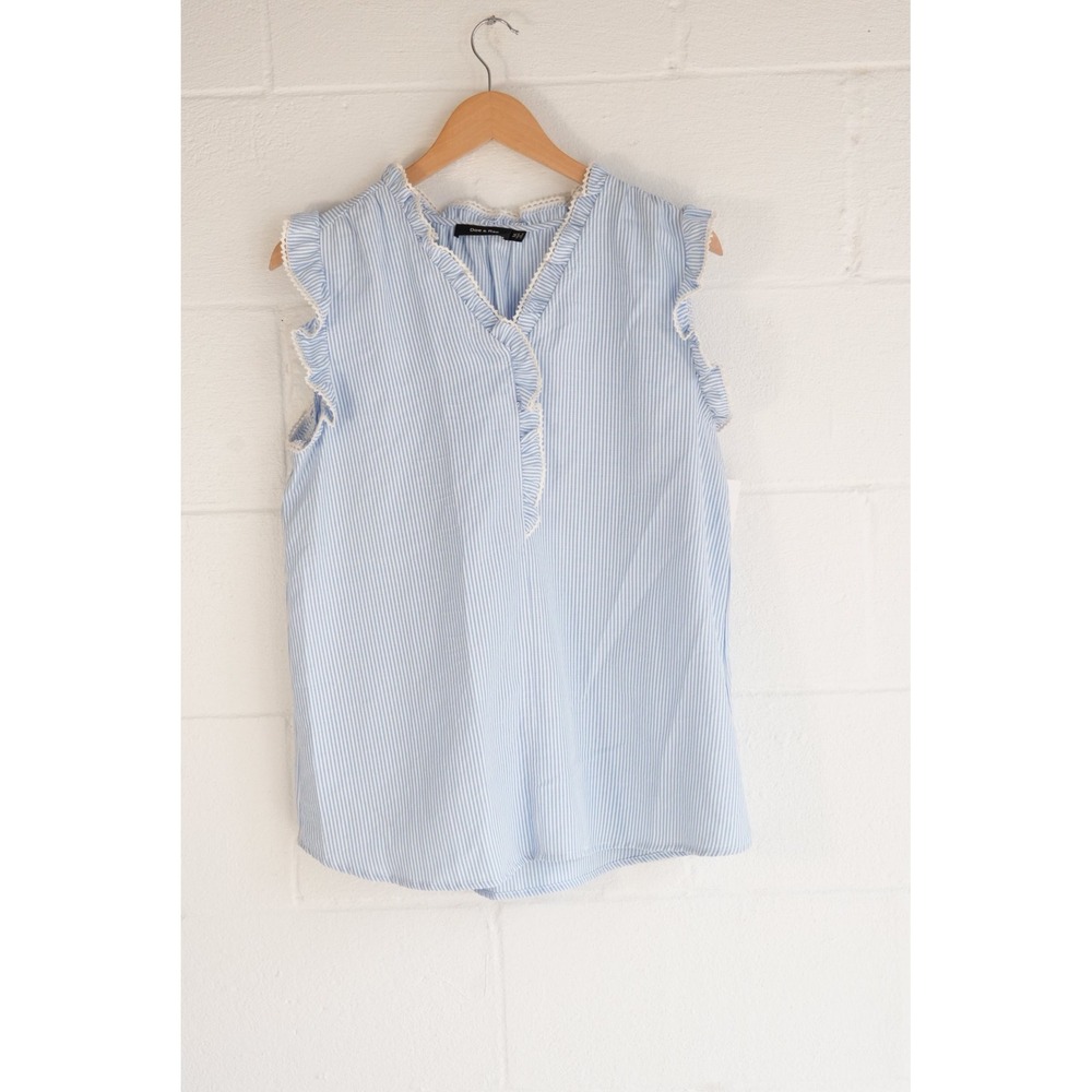 Doe & Rae‎ Blue White Striped Ruffle Lace Trim Sleeveless Blouse Top Medium